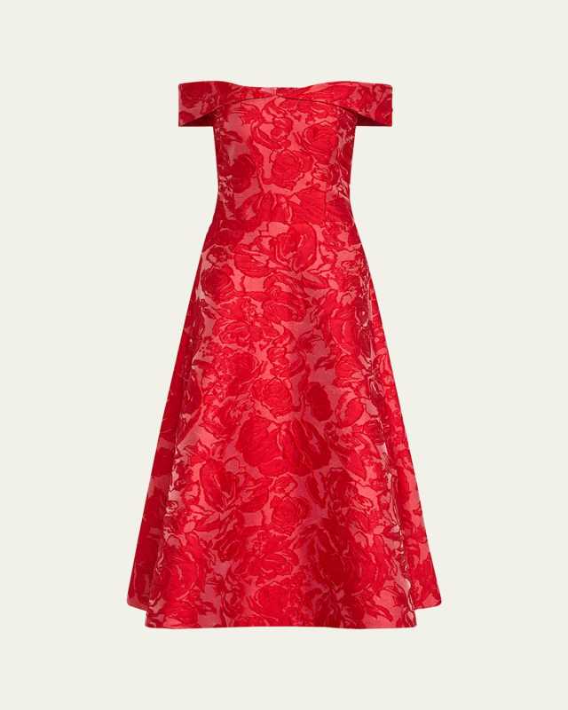 Off-Shoulder Floral Jacquard Midi Dress
